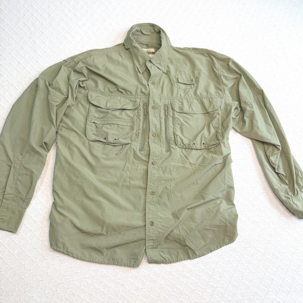 Cabelas Guidewear Mens Large Green Long Sleeve Fishing Shirt UPF 40 Vented Back